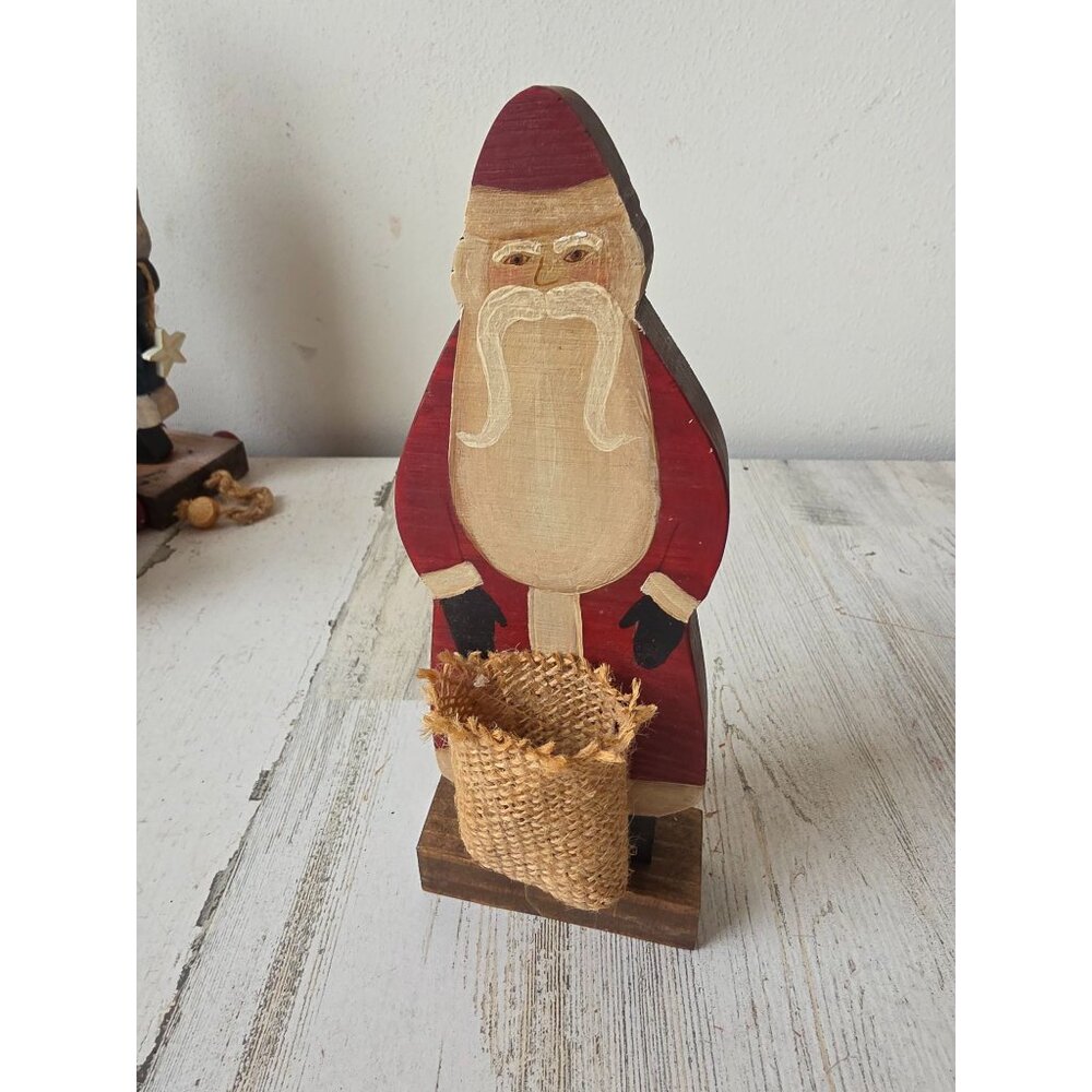 Vintage wooden primitive Santa basket burlap figurine statue‎ decor Xmas